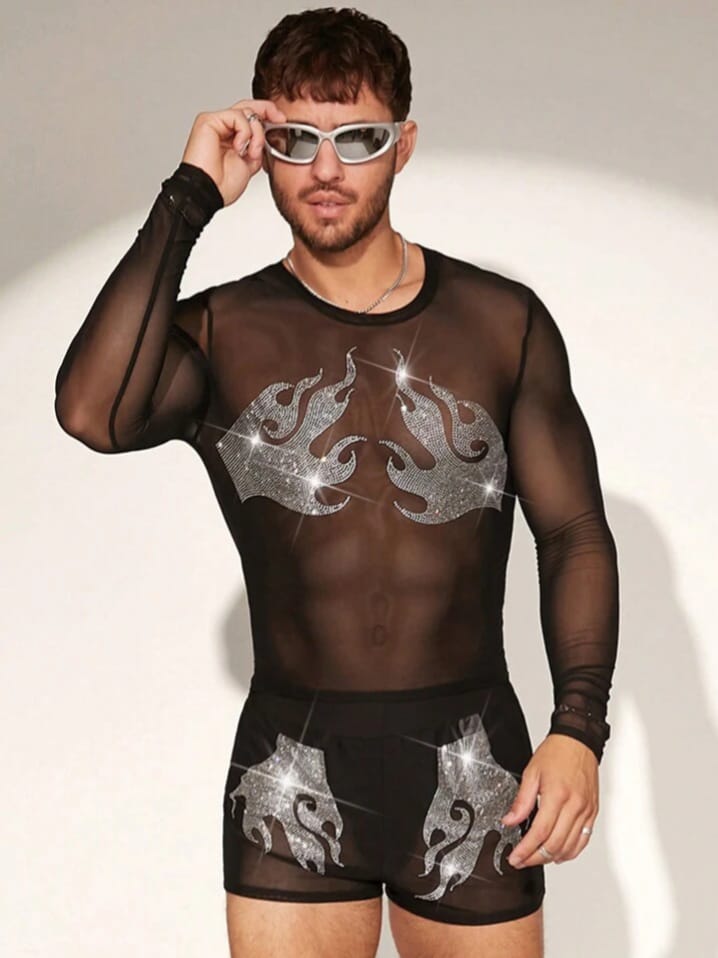 Crystal City Men's Rhinestone See-Through Mesh Long Sleeve Tight-Fitting Sleepwear